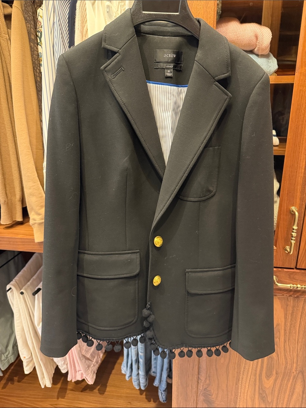J. Crew Black Legacy Blazer with Gold Buttons and Pom Trim size 6